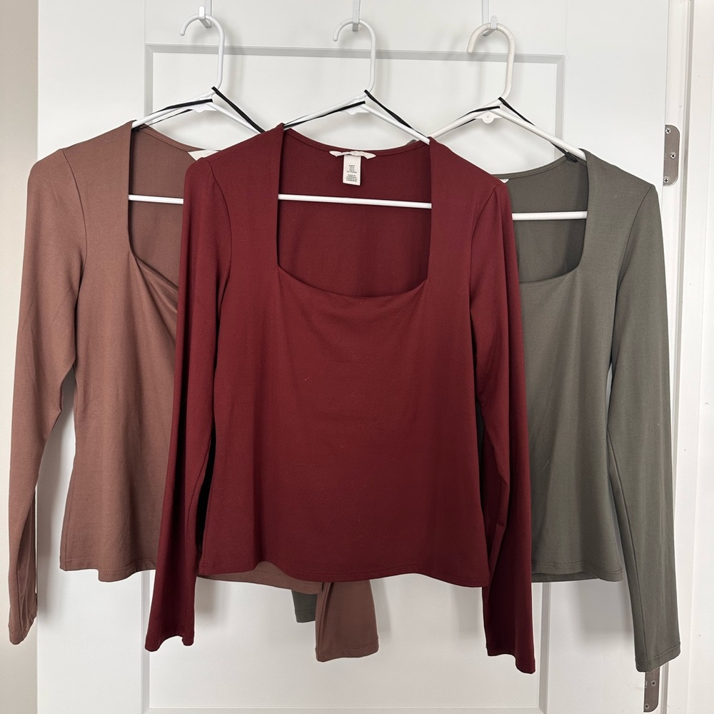 H&M Long Sleeve Square Neck Tops - Brown, Red, Green